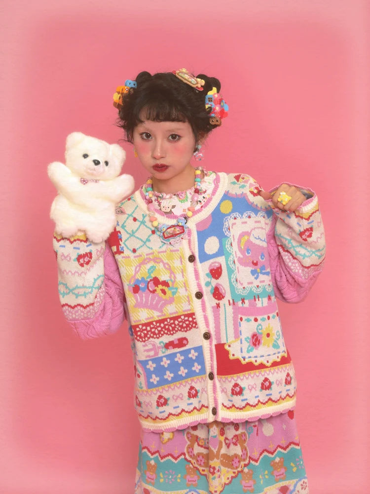 Patchwork Fantasy Pink Knit Cardigan