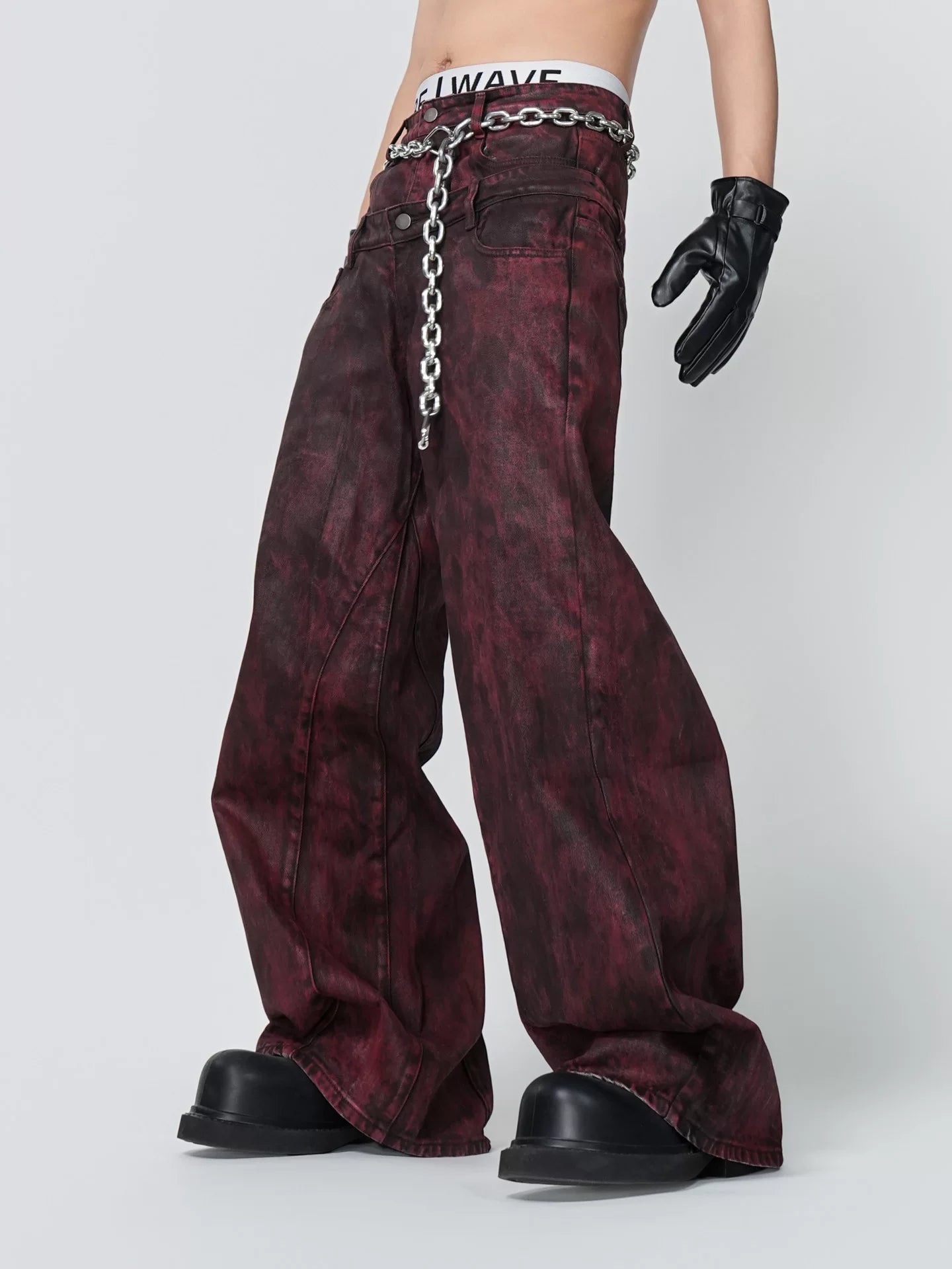 Crimson Haze Chain-Wash Wide Jeans
