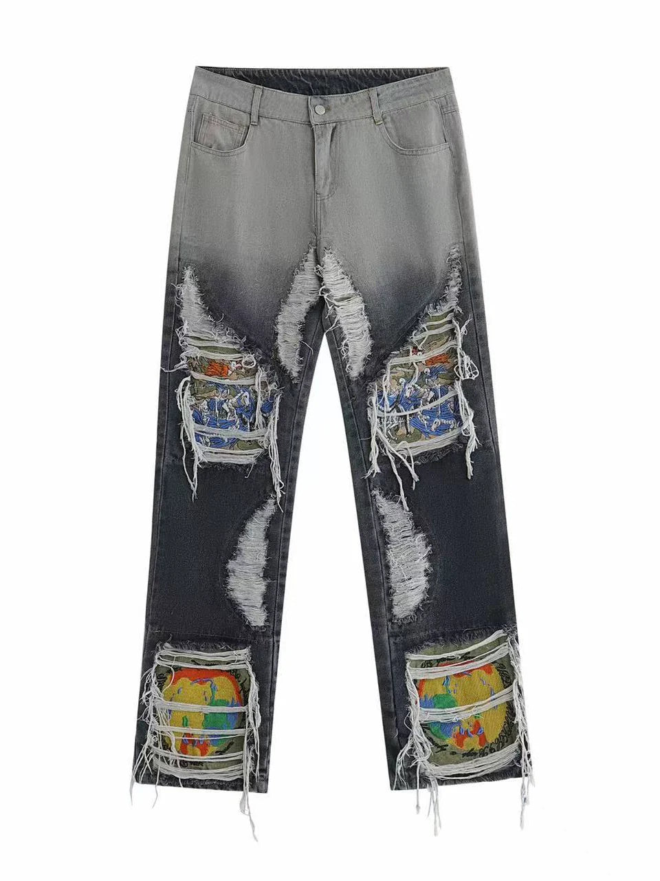 Men's Frayed Washed Embroidered Jeans
