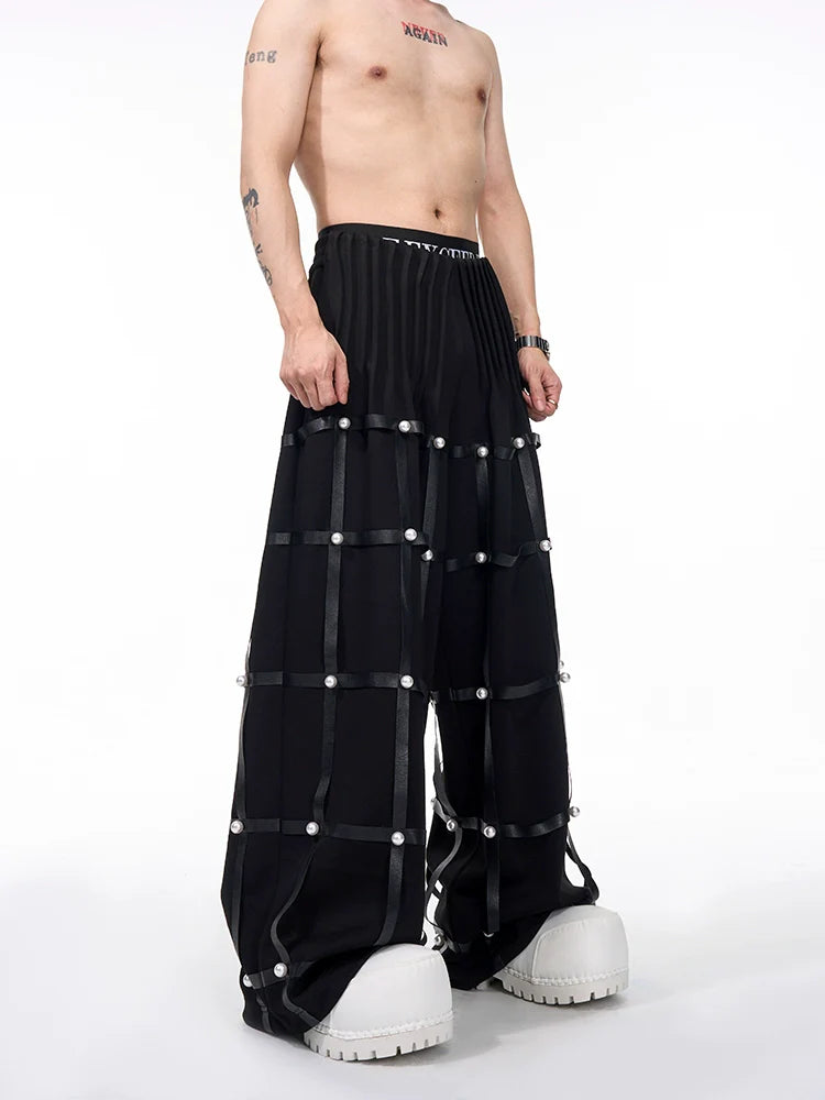 Grid Pearl Pleated Pants