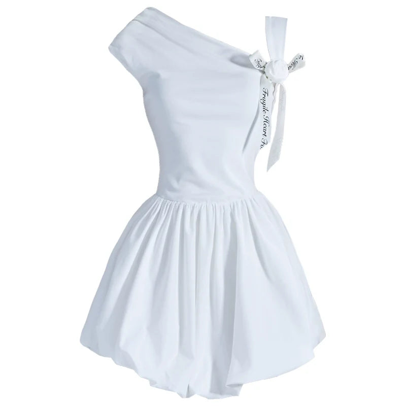 Angelic One-Shoulder White Ballerina Mini Dress with Bow Detail