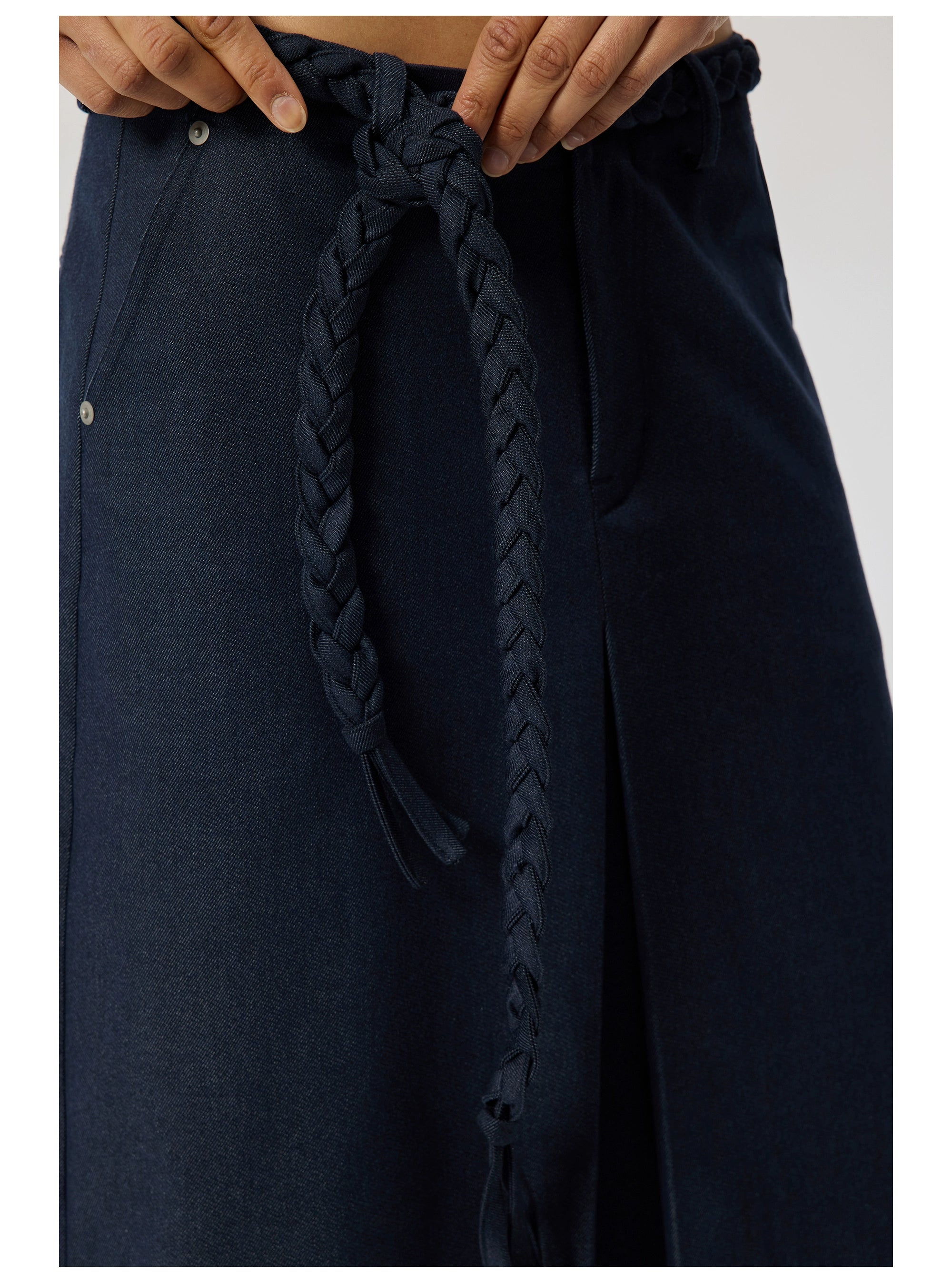 Navy Knee-Length Skirt with Braided Belt