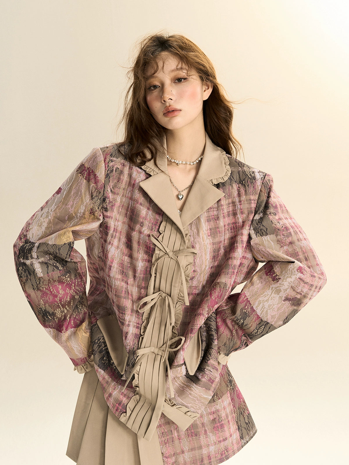Pink Plaid Textured Blazer with Pleated Details and Beige Accents