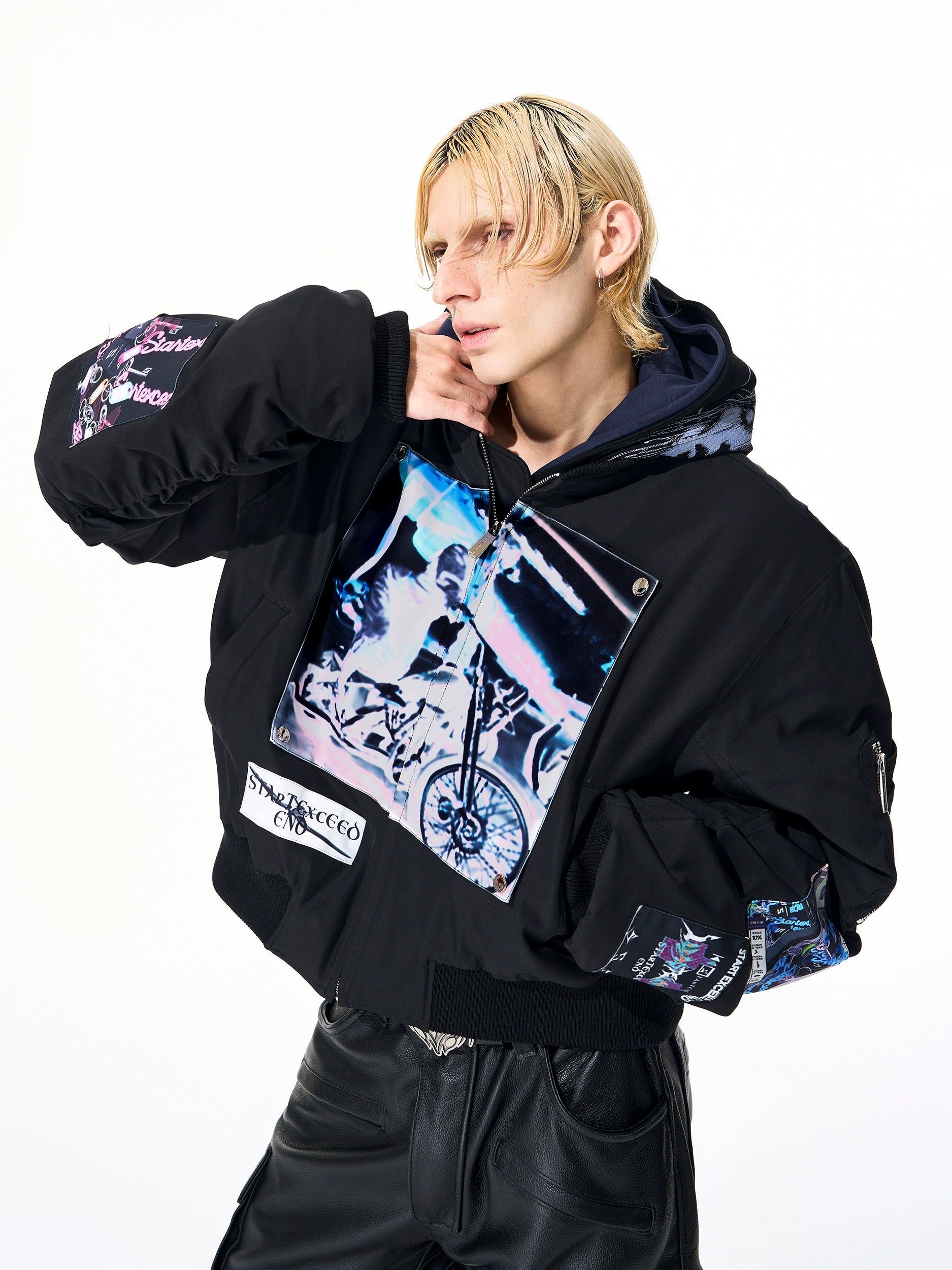 Black Graphic Patch Bomber Jacket