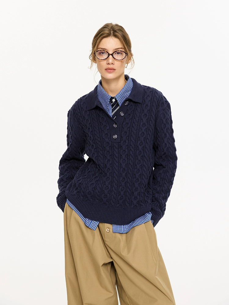 Cable Knit Polo Collar Sweater