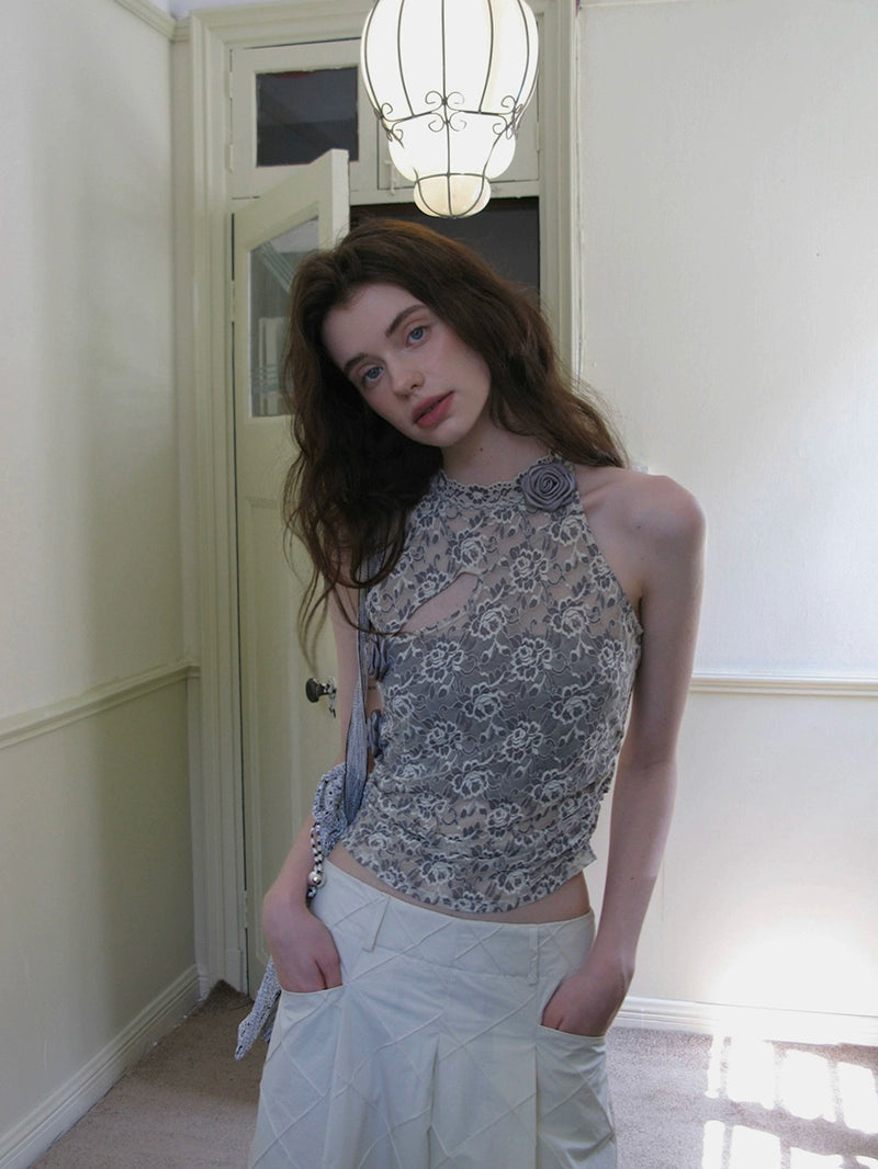 Peony-Pattern Lace Halter Neck Top