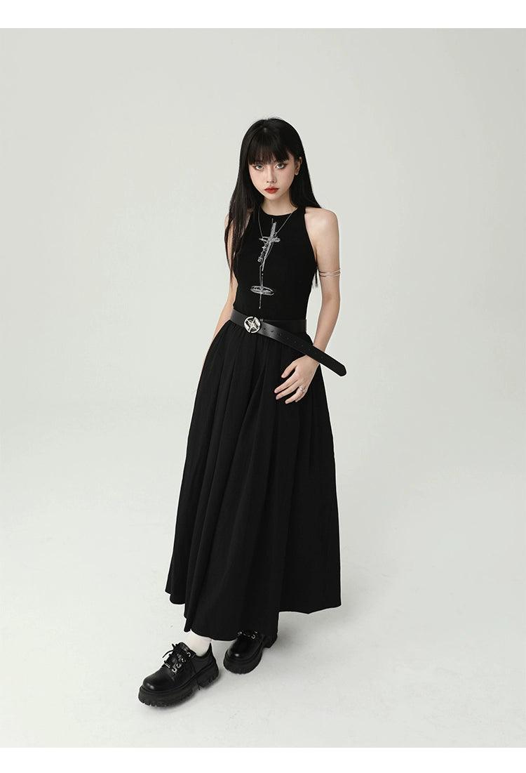 Ladyghost Gothic Sleeveless Maxi Dress - Women'S Black A-Line Gown With Cross Pendant And Pentagram Belt