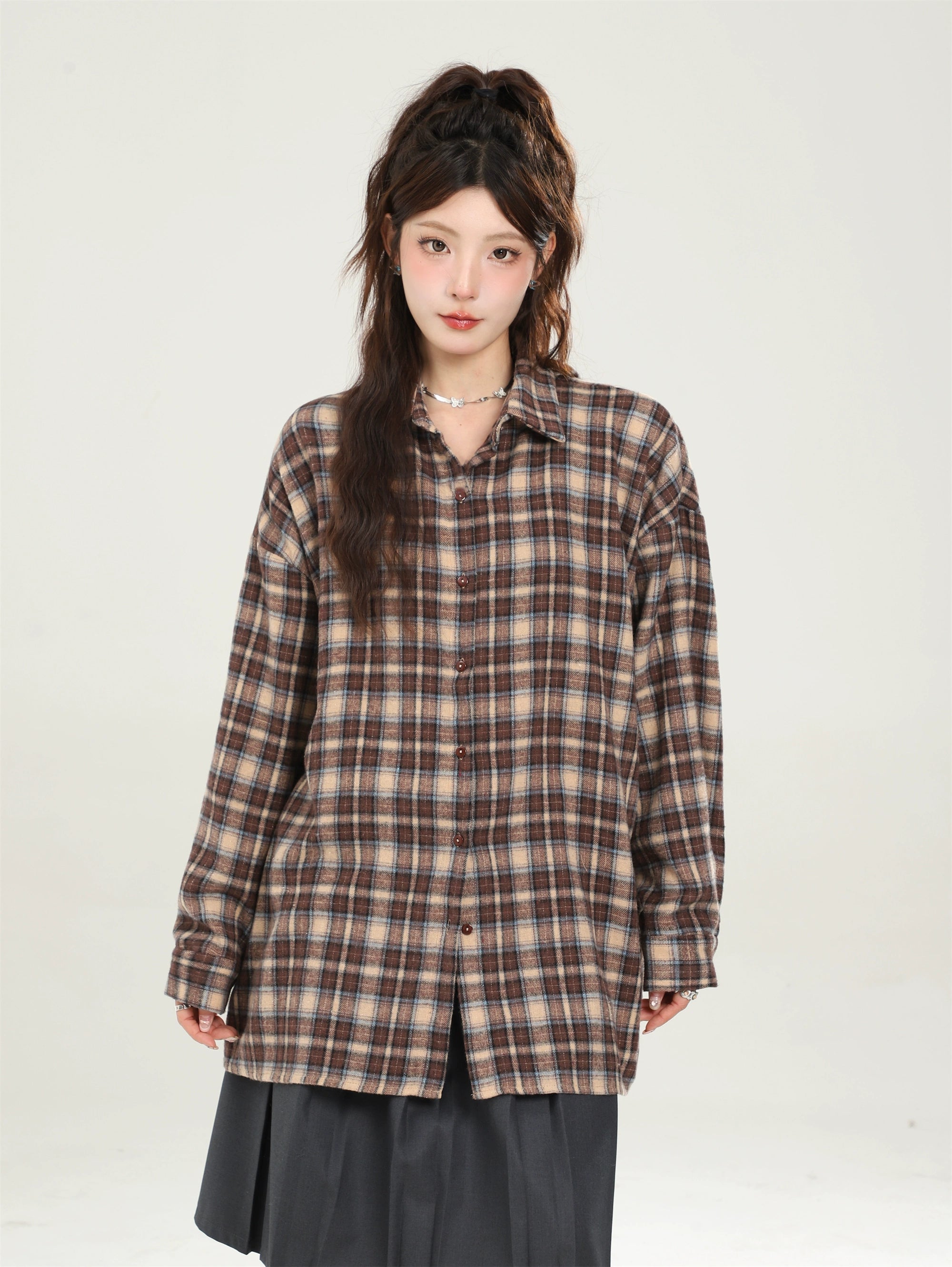 Vintage Loose Blue Plaid Shirt