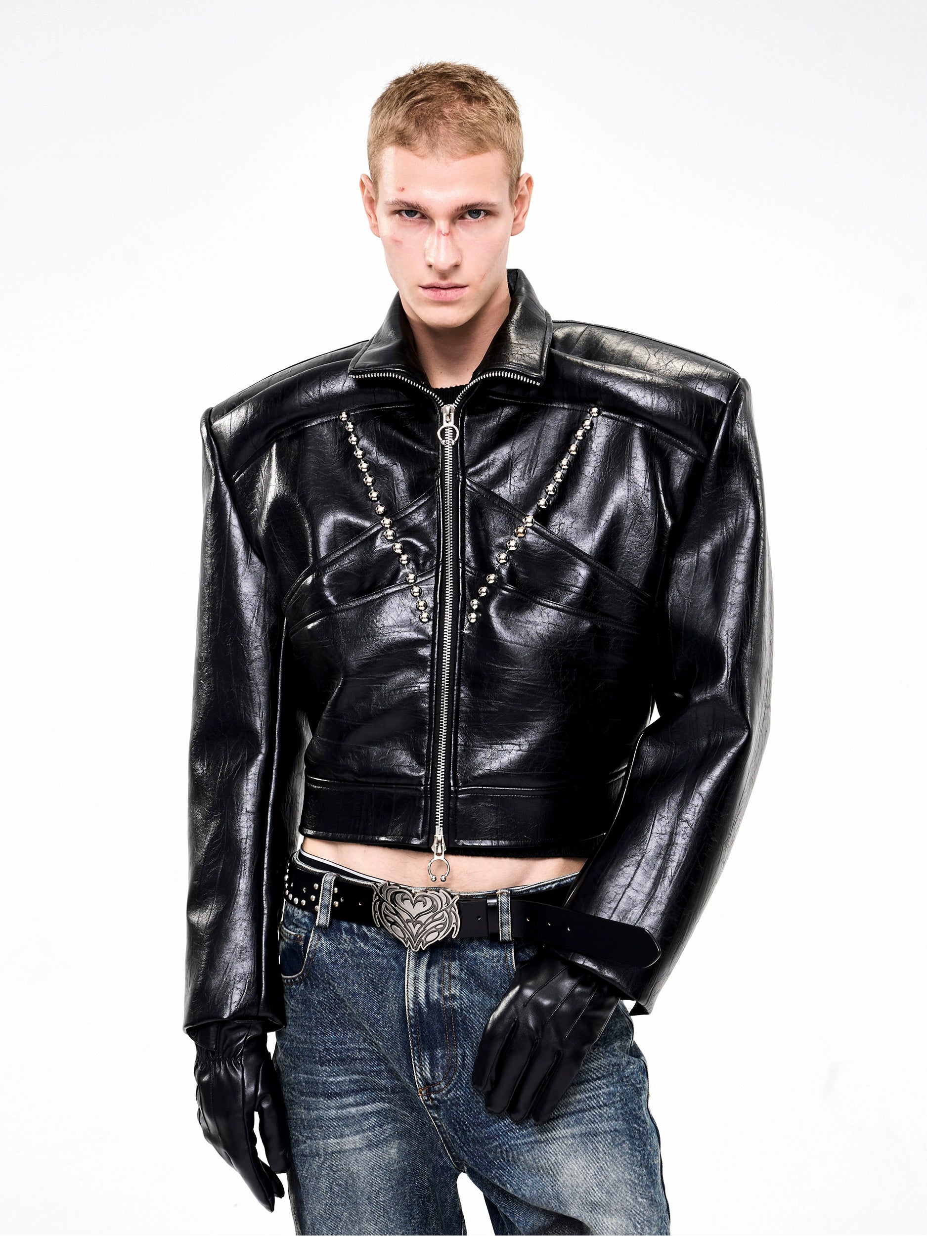 Black Faux Leather Cropped Jacket with Stud Embellishments