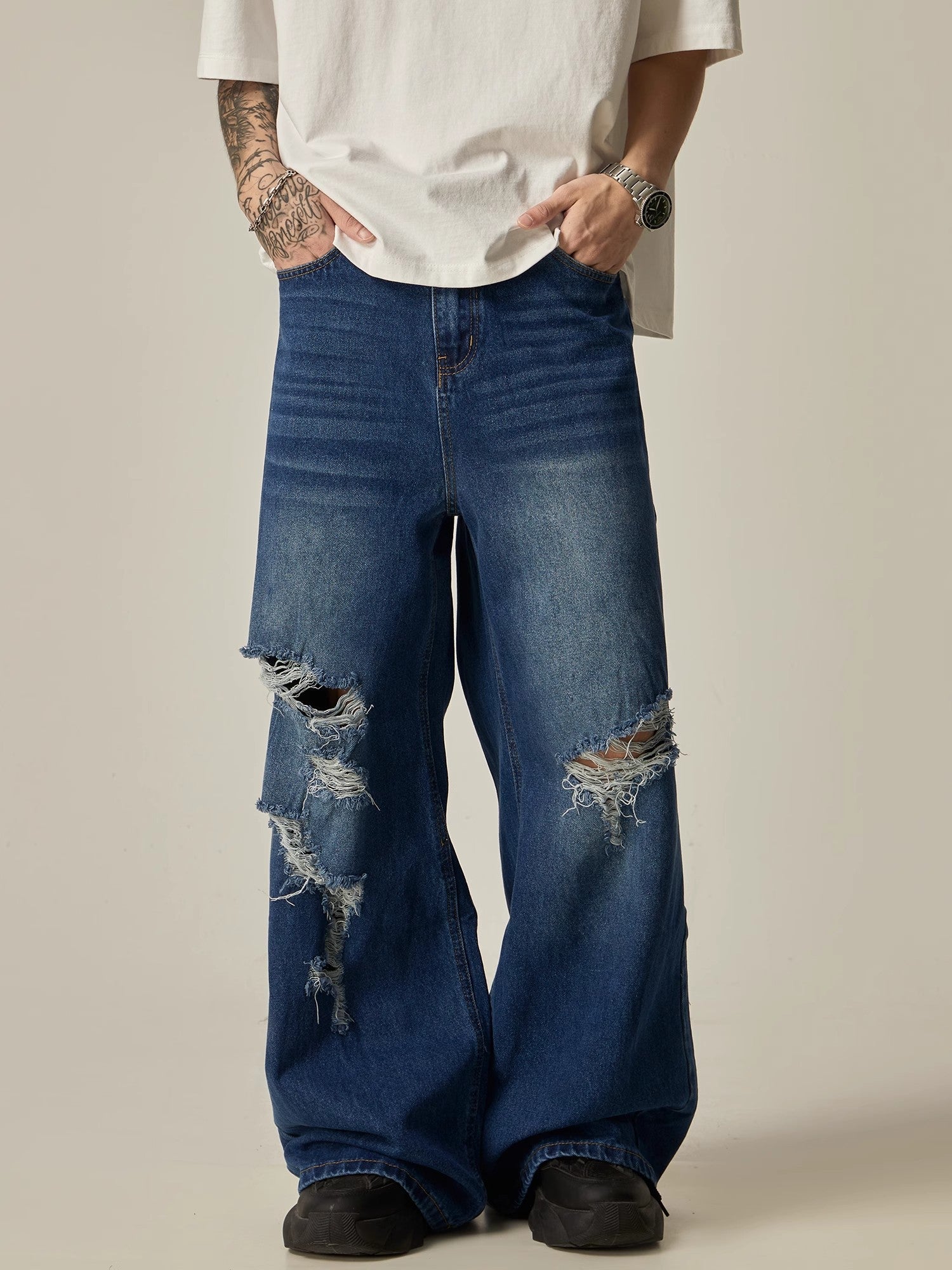 Distressed Wide-Leg High-Waisted Flare Jeans