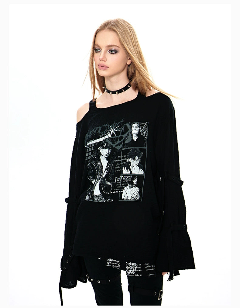 Diet Grrrl Gothic Punk Cold Shoulder Sweater - Black Graphic Print Long Sleeve Top With Thumb Holes