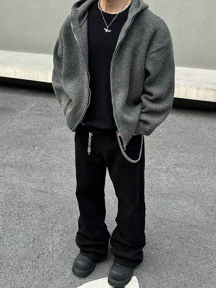 Charcoal Rib-Knit Zip Hoodie