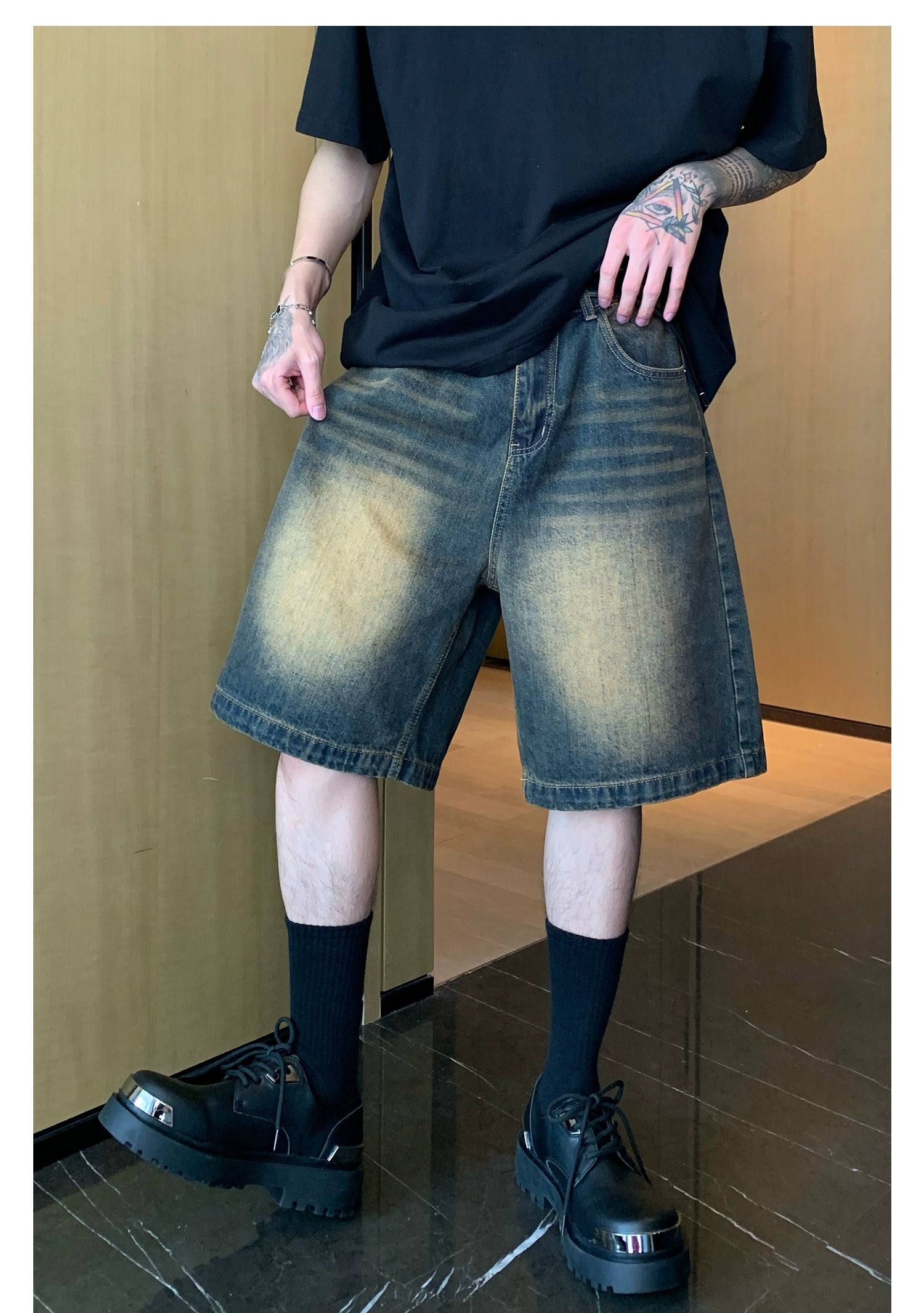 Faded Denim Shorts with Distressed Wash