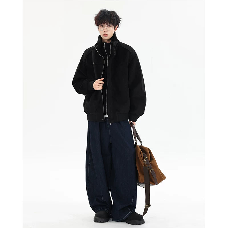 Frostloom Stand‑Collar Wool Bomber Jacket