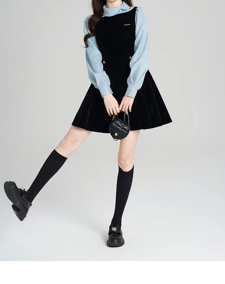 Velvet Pinafore Contrast Sleeve Dress