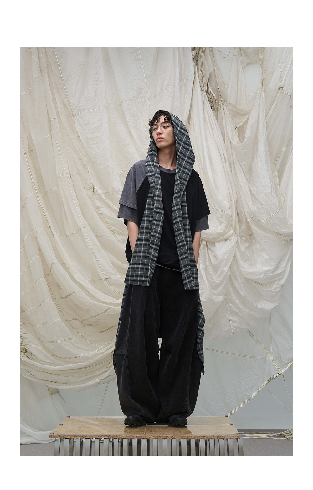 Layered Plaid Balloon Denim Pants