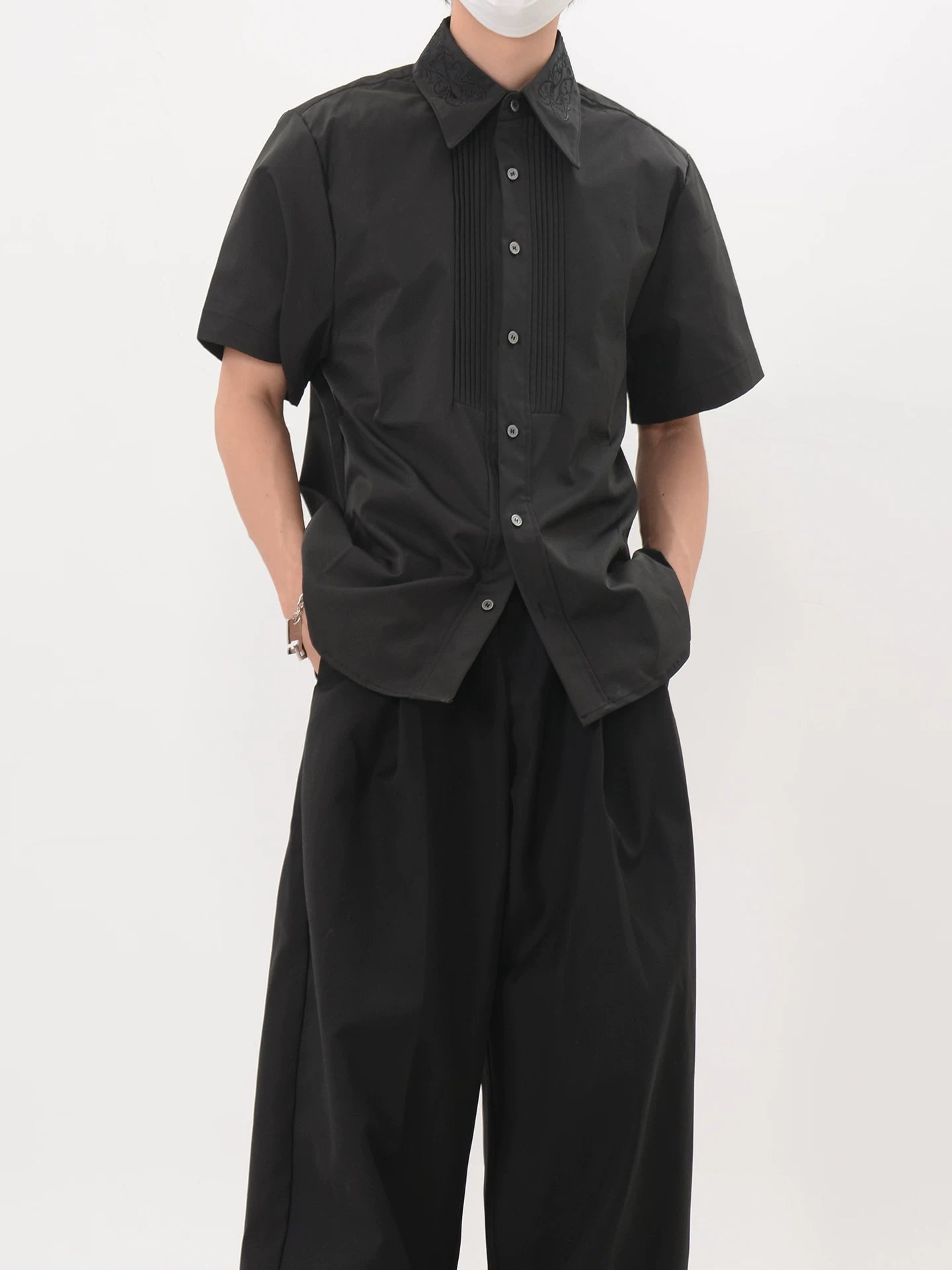 Noir Tux Pleat Embroidered Shirt
