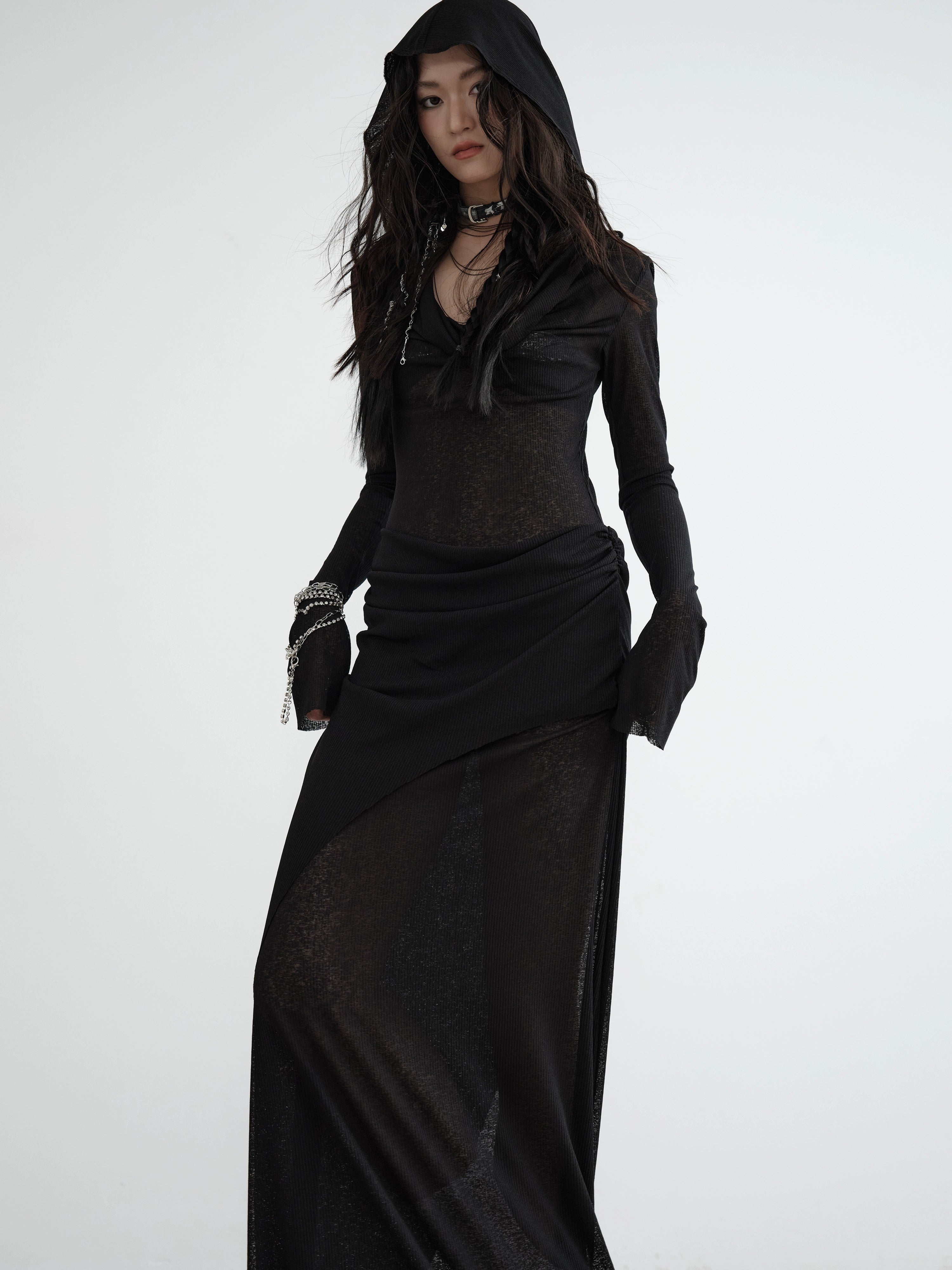 Sheer Black Hooded Maxi Dress
