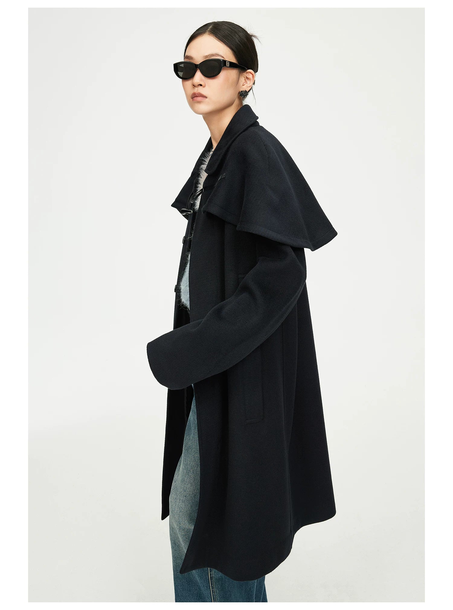 Black Cape-Detail Long Coat