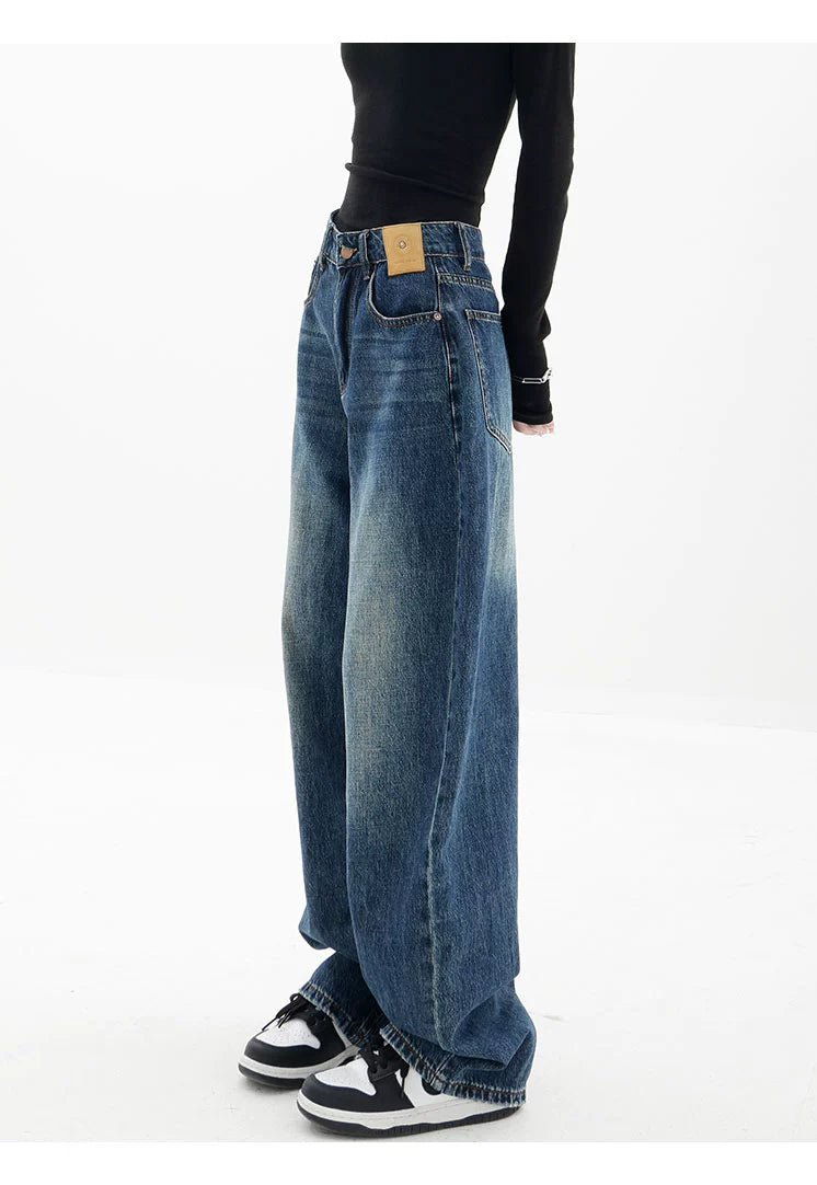 Blue Retro Loose Straight-Leg High-Waist Floor-Length Jeans - chiclara