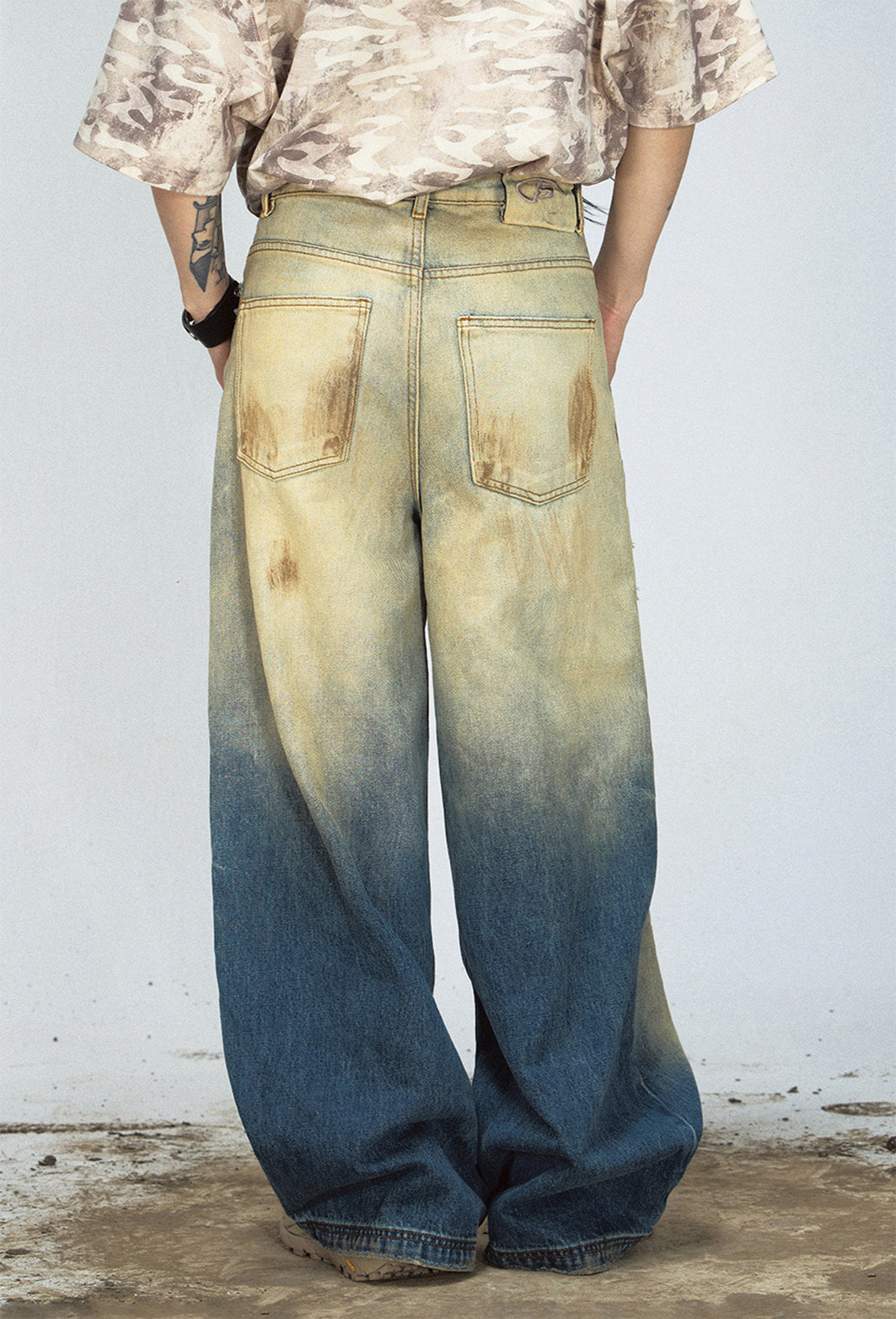 Tie-Dye Faded Ripped Wide Leg Jeans