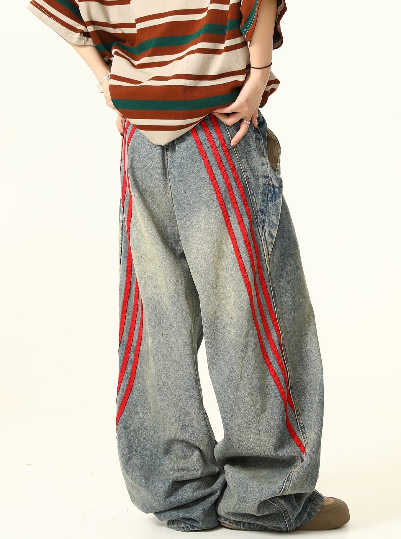 Red Triple-Stripes Wide-Leg Light Wash Denim Jeans