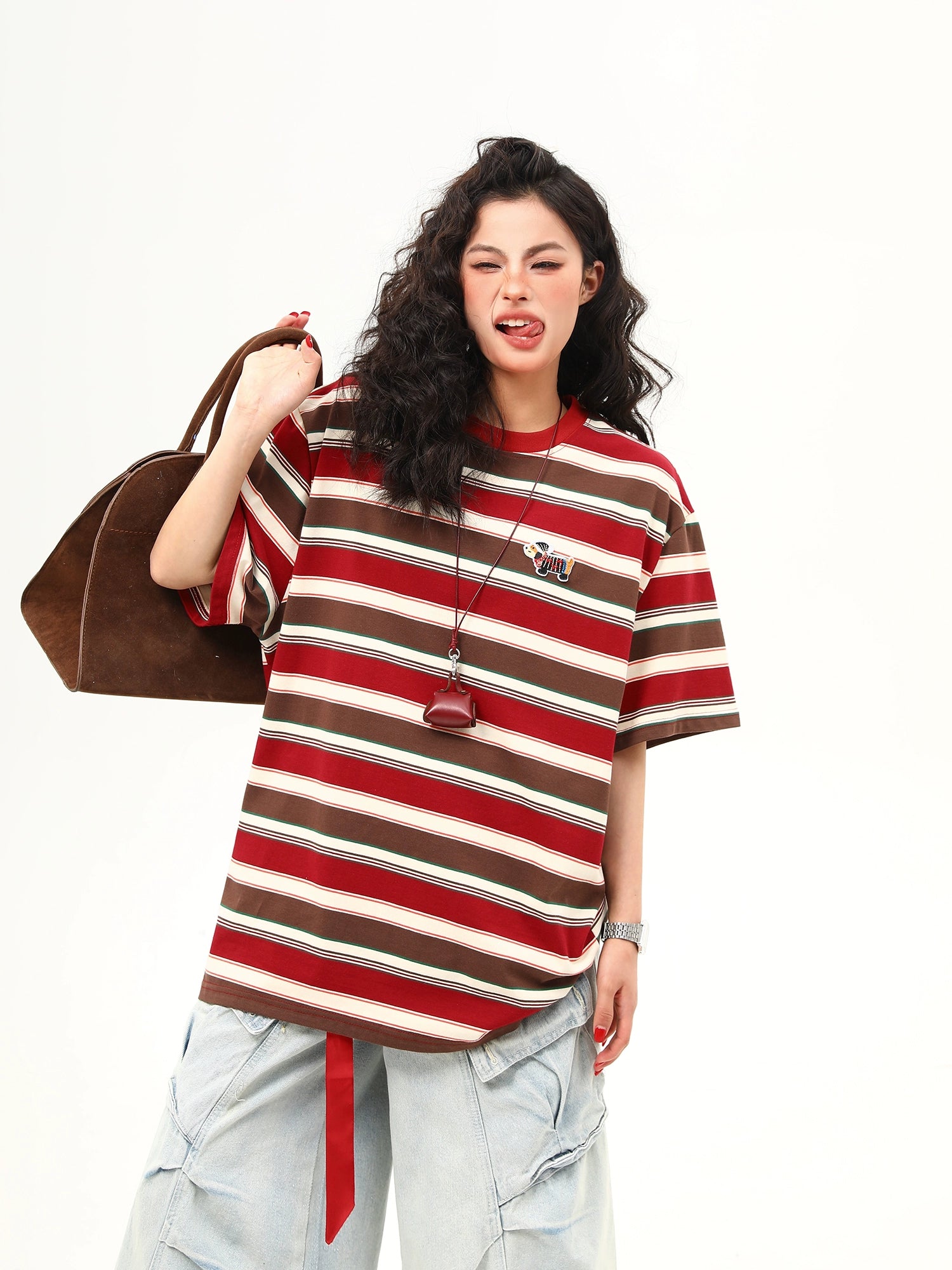Brown and Red Striped Oversized Tee