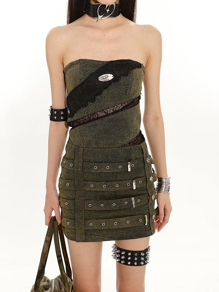 Khaki Lace Bodycon Dress with Studded Belt Detail - chiclara