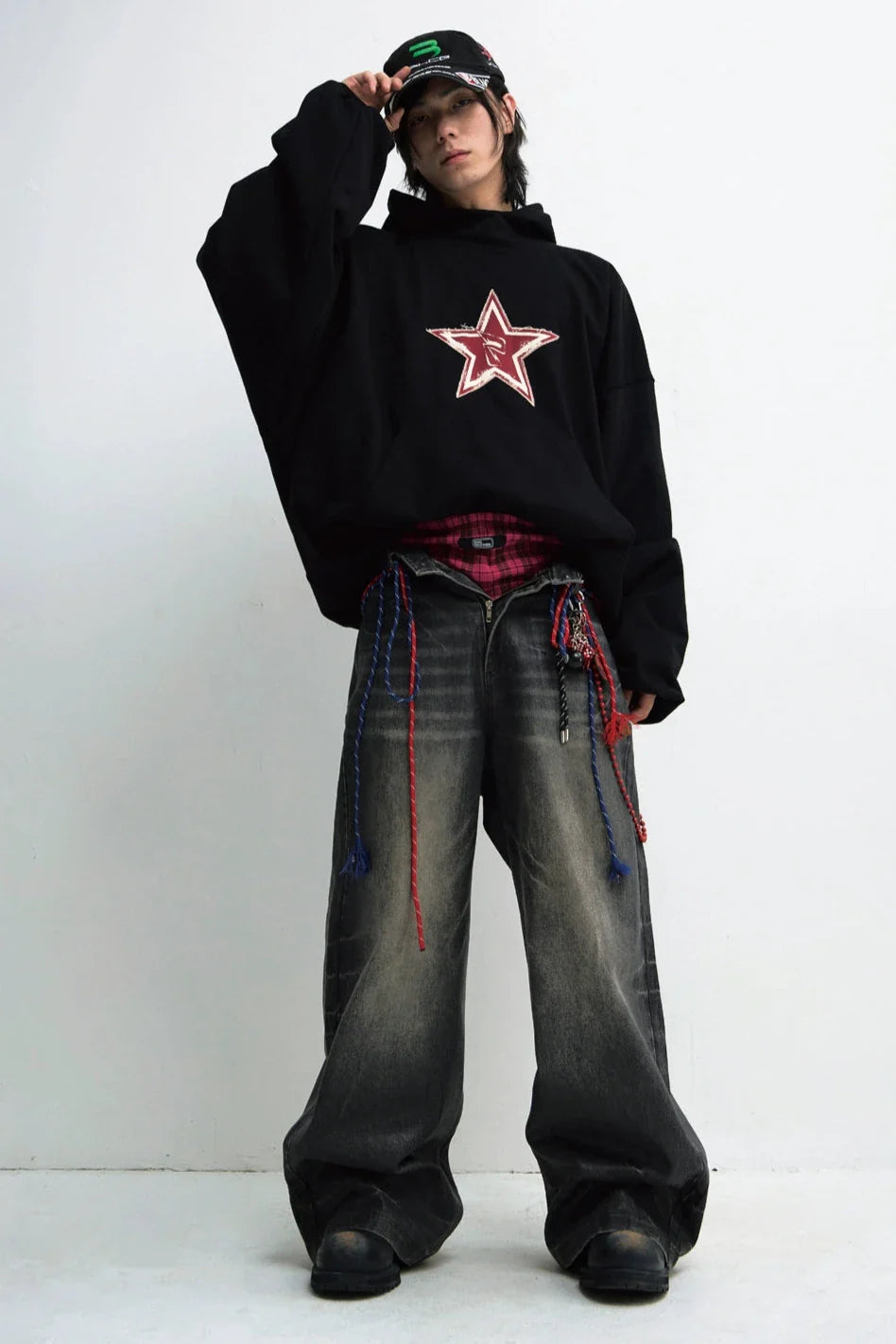Men's Loose Black Star Embroidered Hoodie