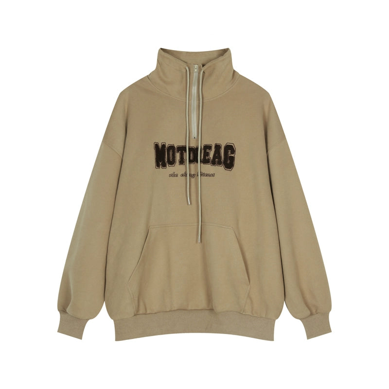 Quarter-Zip Mock Neck Sweatshirt with Embroidered Text