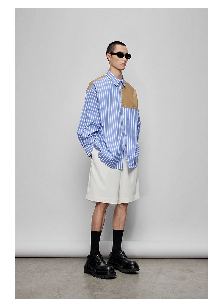 Color-Block Patchwork Pocket Oversized Shirt