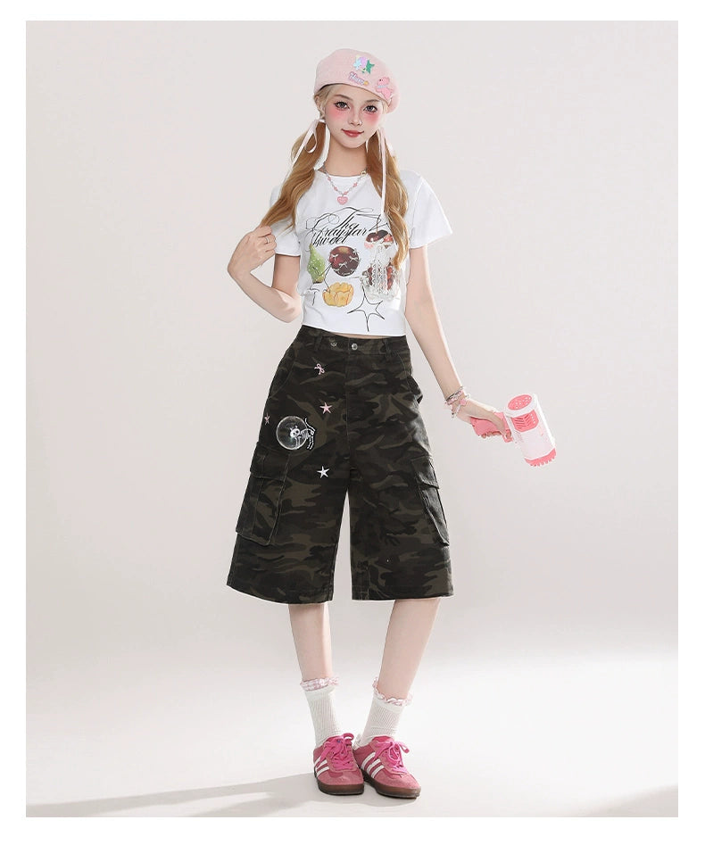 Camo Print Cargo Culottes with Star and Bow Patches