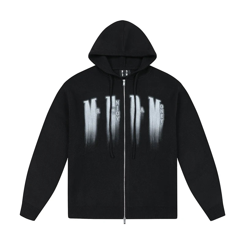 Oversized Gradient Graphic Zip-Up Knit Hoodie