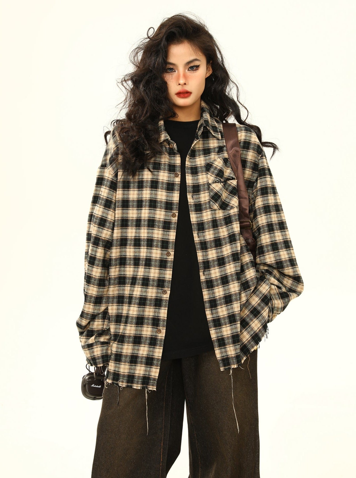 Oversized Distressed Plaid Flannel Shirt