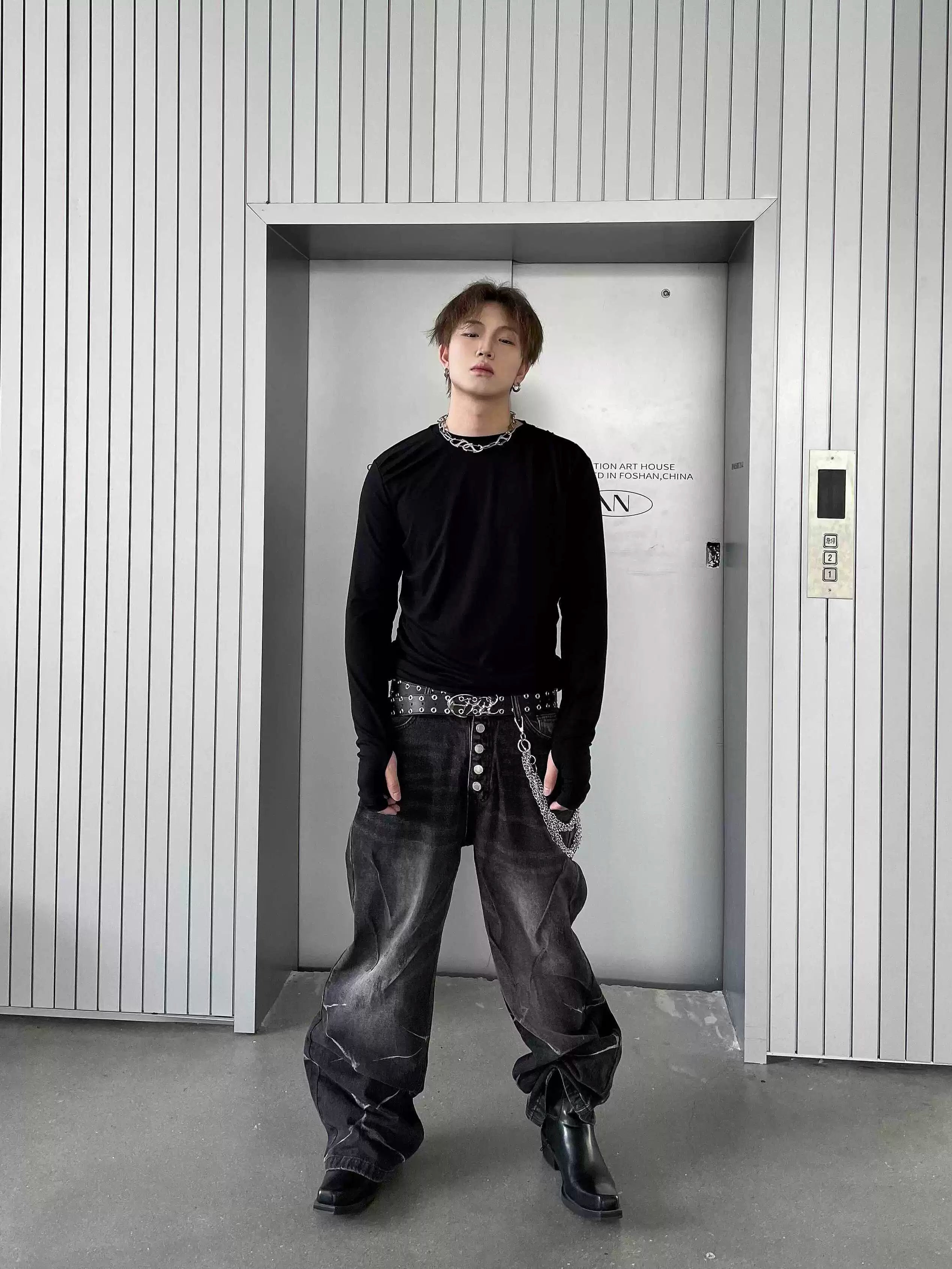 Black Marble Wash Wide-Leg Jeans