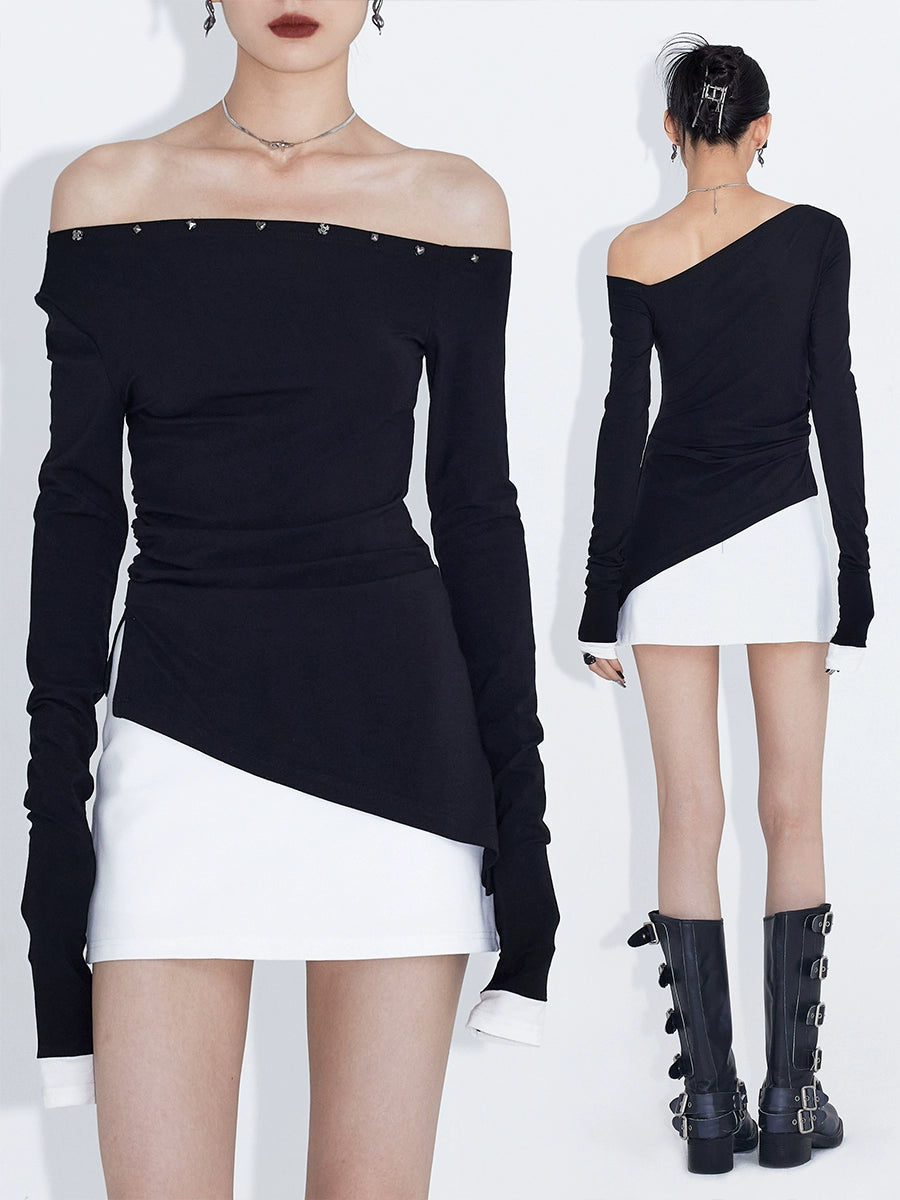 Midnight Edge Asymmetric Off‑Shoulder Top