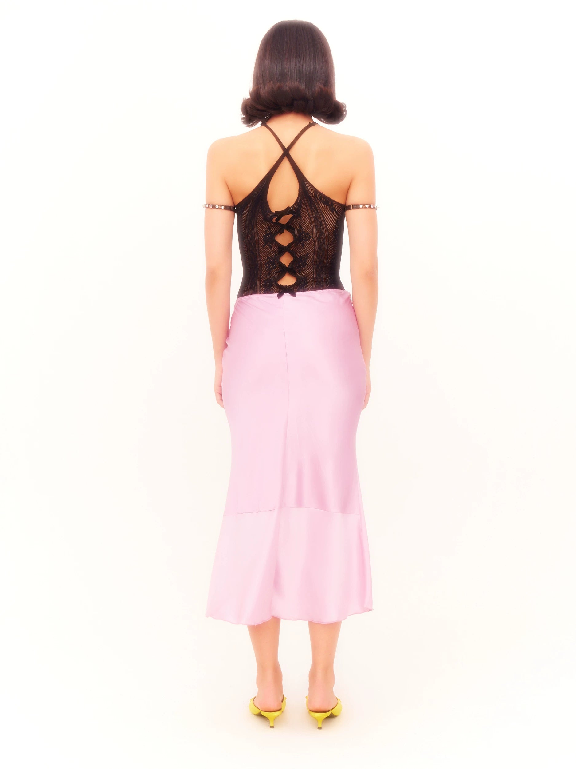 Black Velvet Bow-Embellished Lace Bodysuit Camisole - chiclara