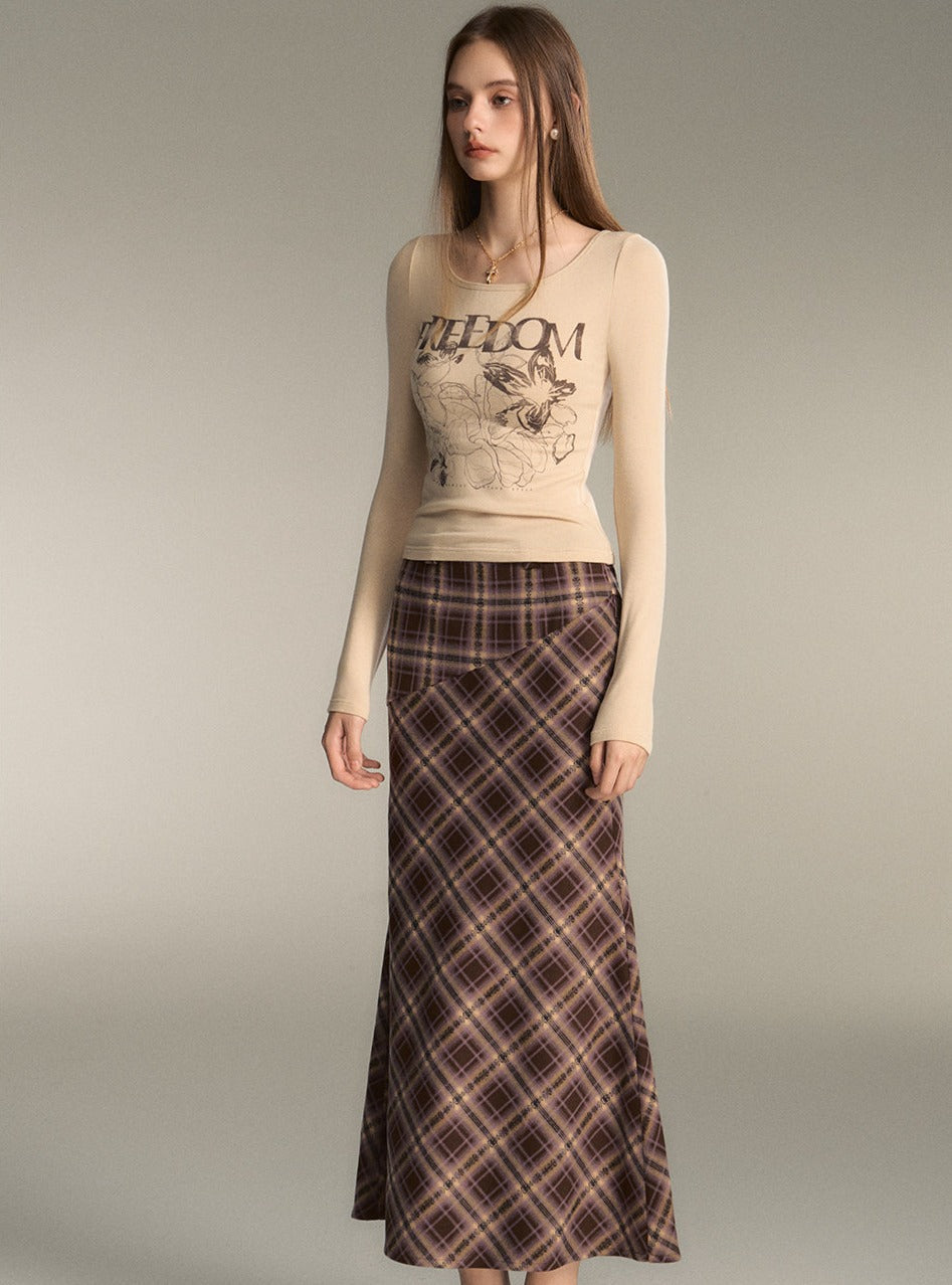 Retro Brown Check Long Mermaid Skirt - chiclara