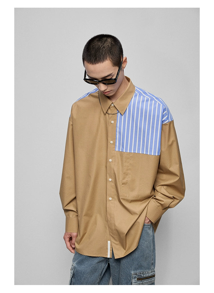 Color-Block Patchwork Pocket Oversized Shirt