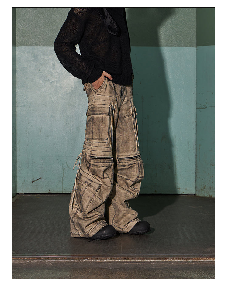 Niche Design Multi-pocket Washed Damaged Cargo Pants