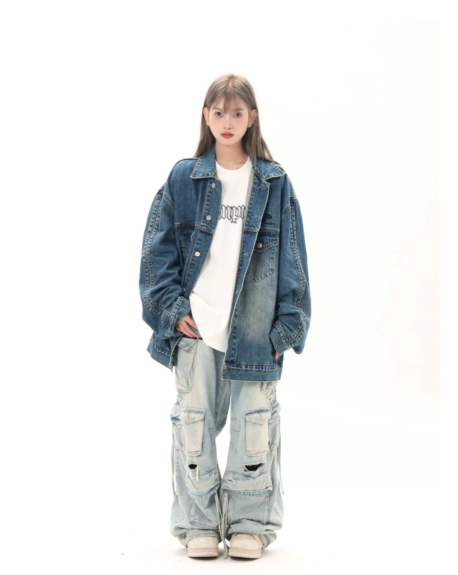 Oversized Denim Jacket with Print - chiclara