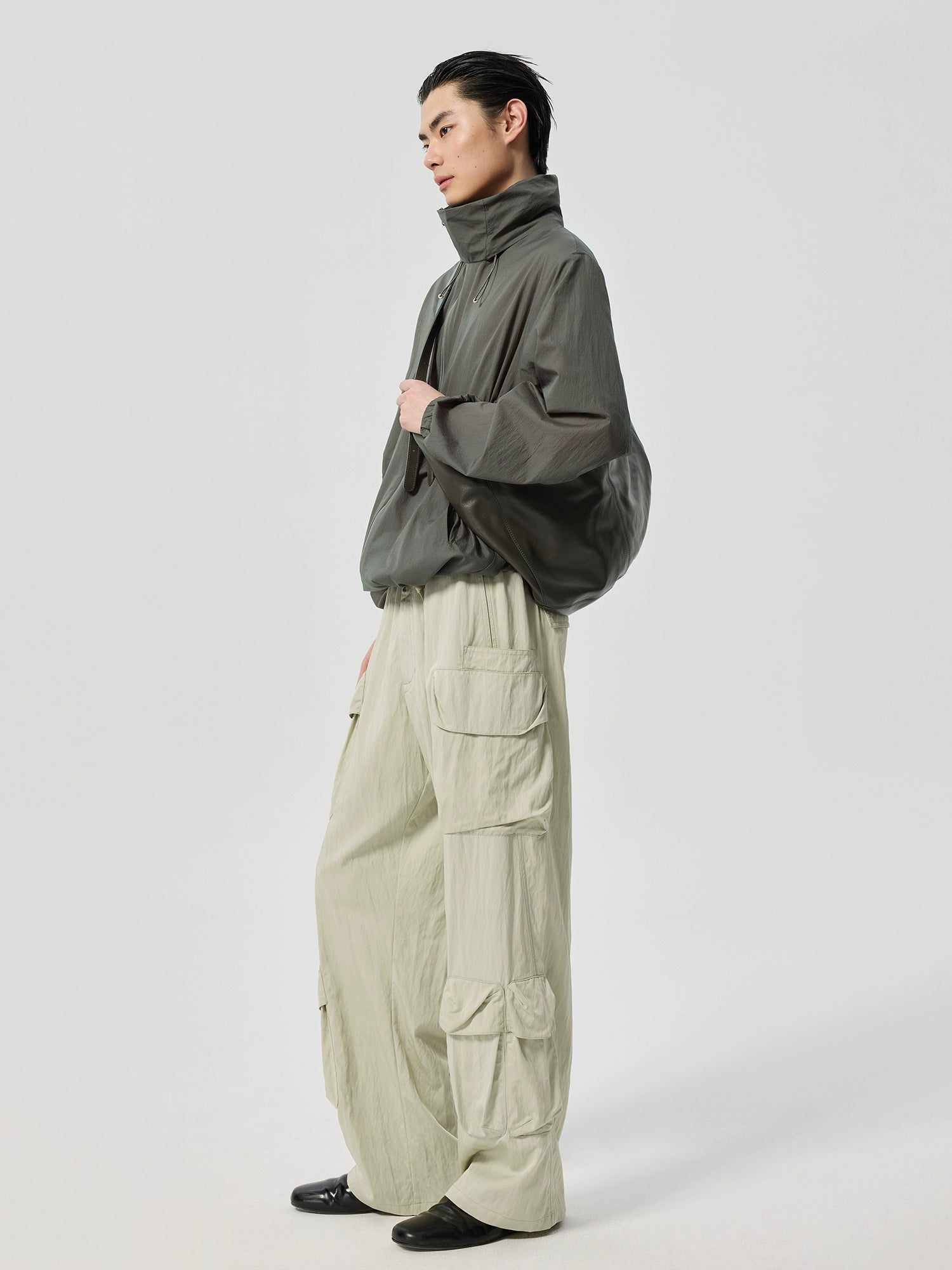 Wide-Leg Cargo Pants with Wood Bead Detail