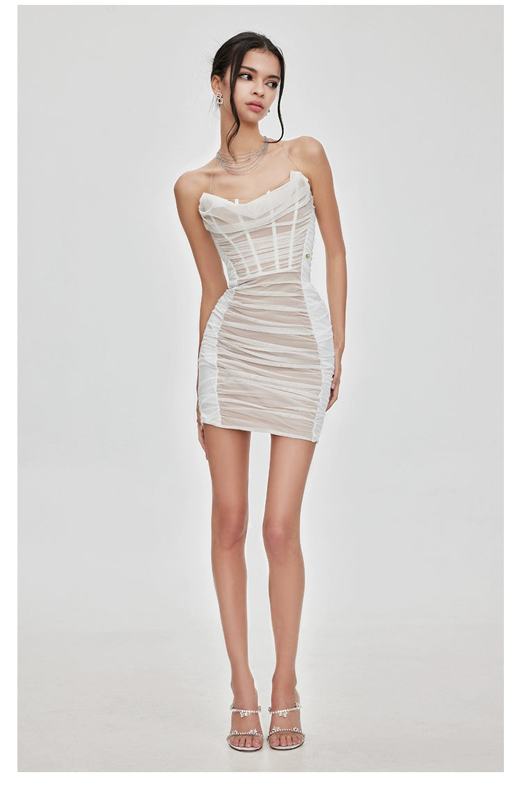 Mesh Pleated Tube Bodycon Mini Dress - chiclara