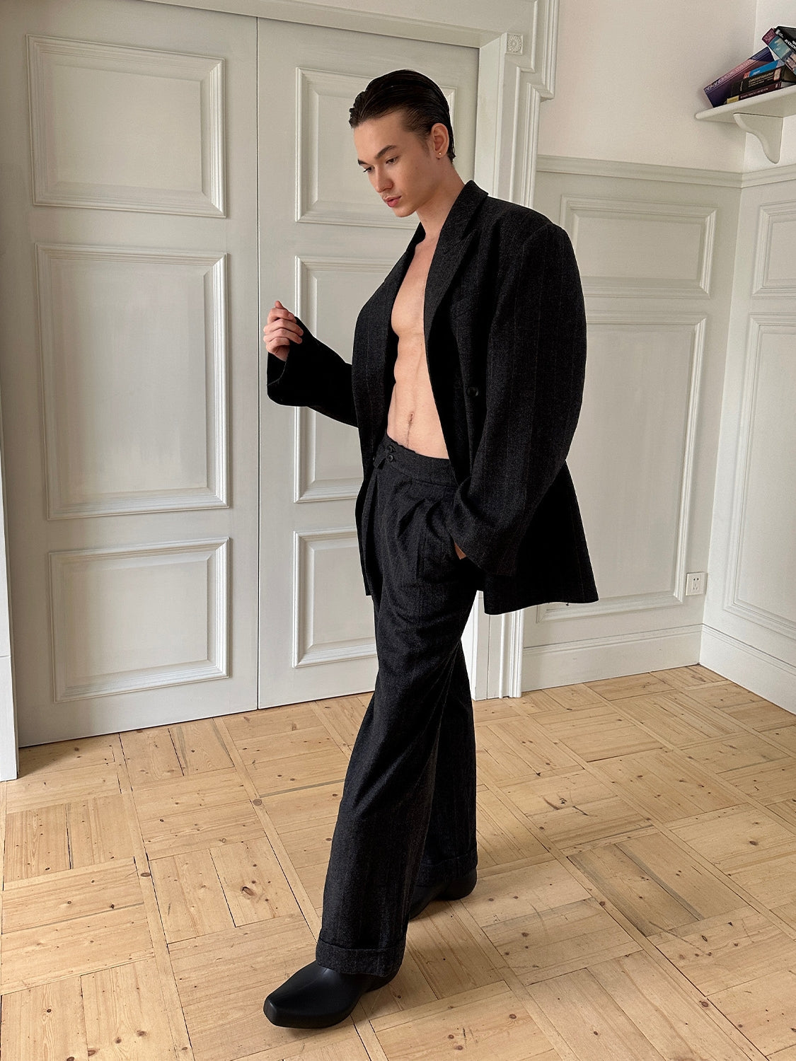 Oversized Charcoal Double-Breasted Suit and Wide-Leg Trousers Setup