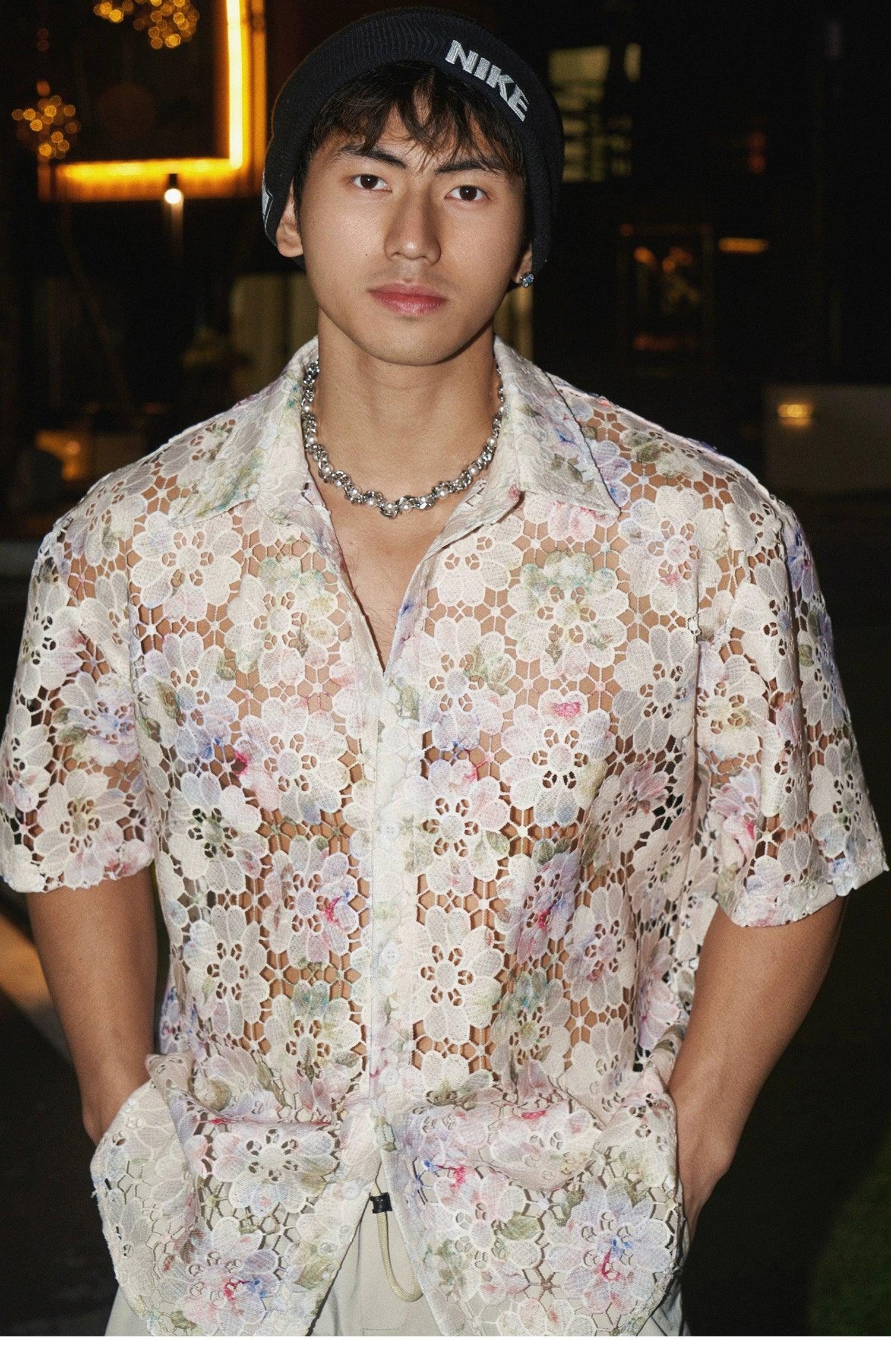 Lace-Like Floral Pattern Button-Up Shirt