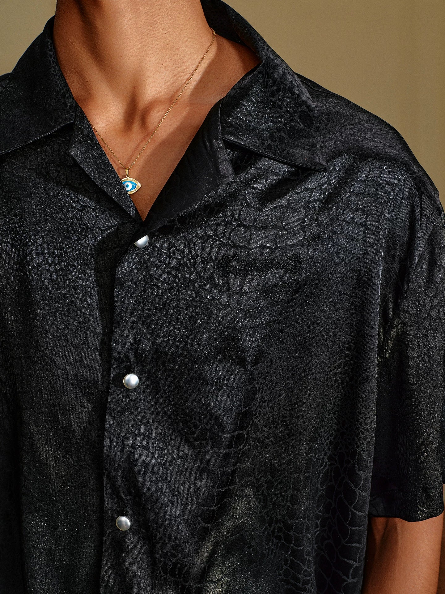 Black Crocodile Jacquard Satin Short Sleeve Shirt