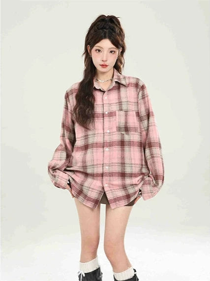 Vintage Loose Blue Plaid Shirt