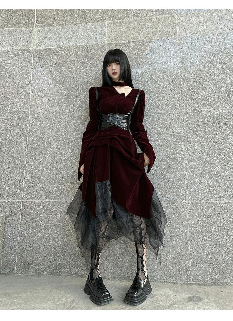 Ladyghost Gothic Victorian Maxi Dress - Women'S Burgundy Velvet And Black Mesh Layered Gown With Corset Belt