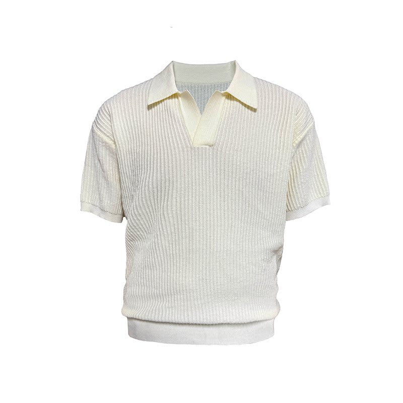 Textured Knit Open-Collar Polo Shirt