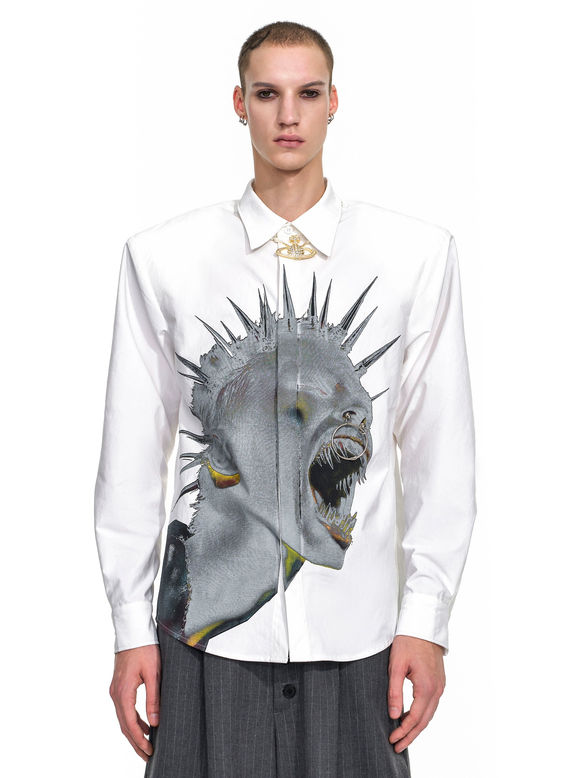 Button-Up Shirt with Punk Scream Graphic Print